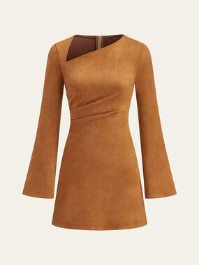 NEW Commense Asymmetrical Ruched Long Sleeve Suede Effect Mini Dress Size XS